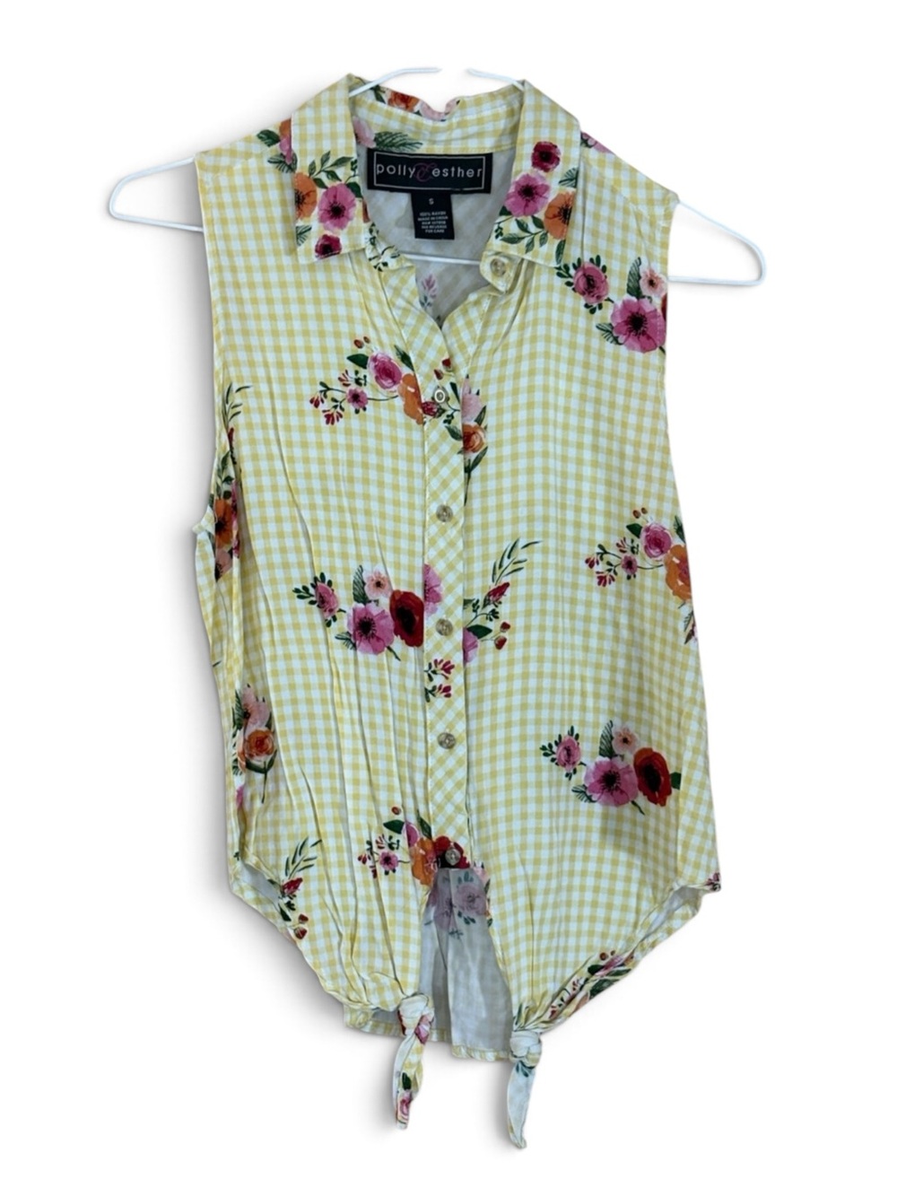 Polly & Esther Yellow Gingham Floral Tie-Hem Sleeveless Button Tank